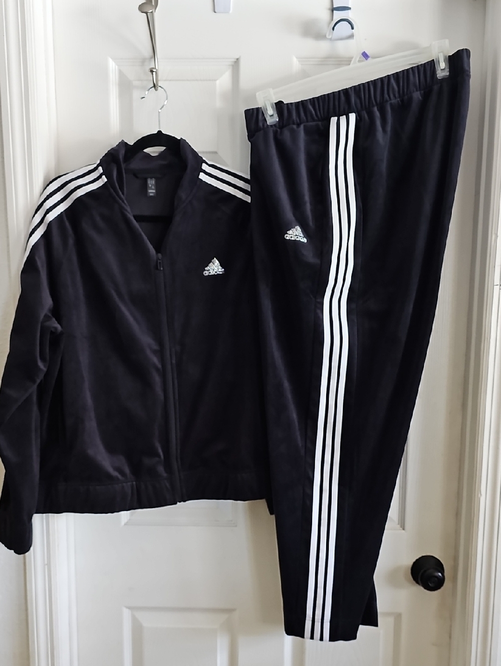 Adidas Black velvet Track Jacket and Pant Set with White Three Stripes